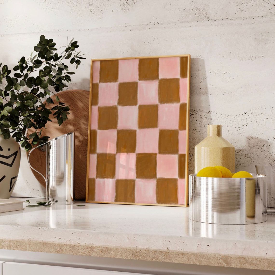 Pink and Tan Hand-Painted Checkerboard Pattern Abstract Art Print - Image 2