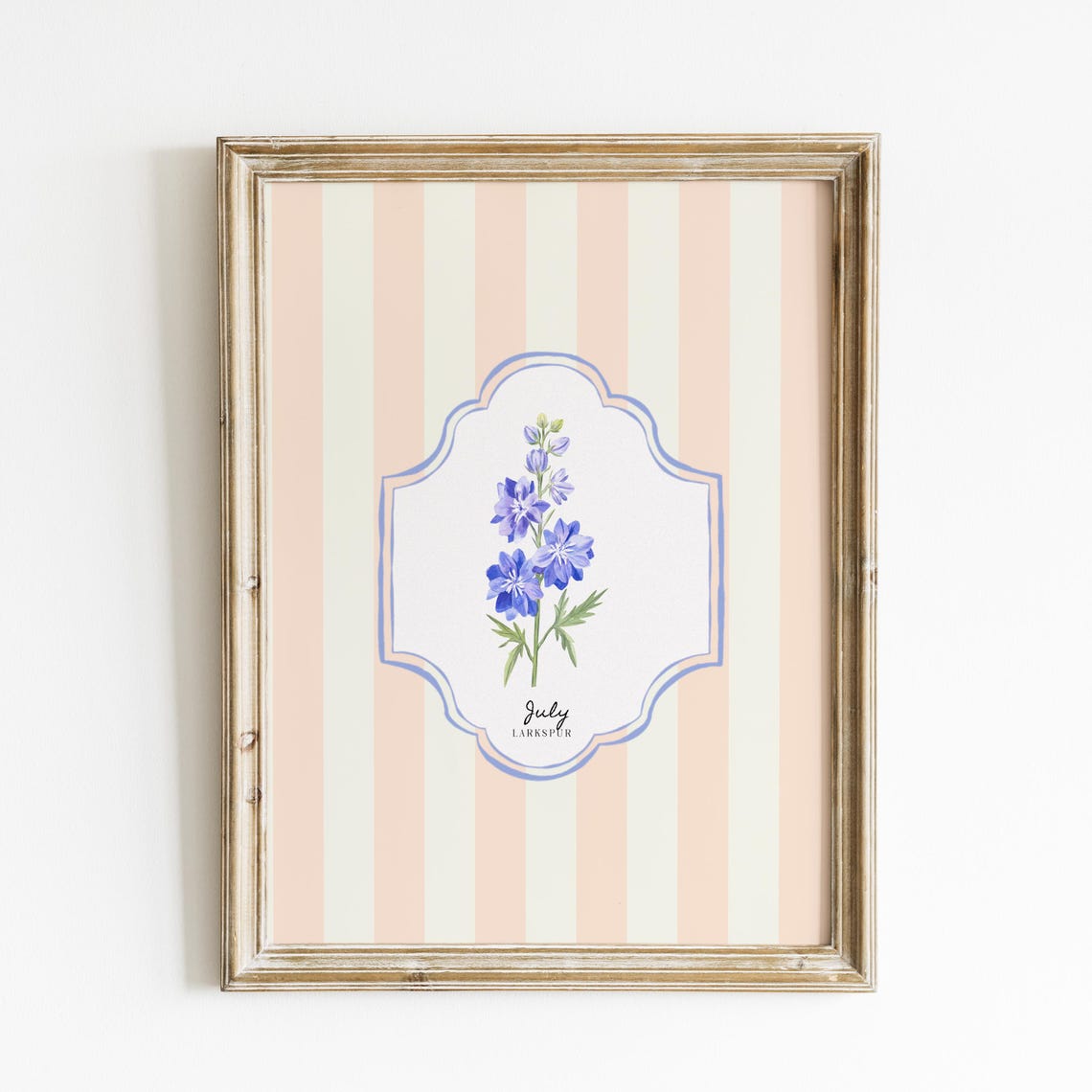 July Larkspur Birth Flower Peach Striped Botanical Wall Art Print