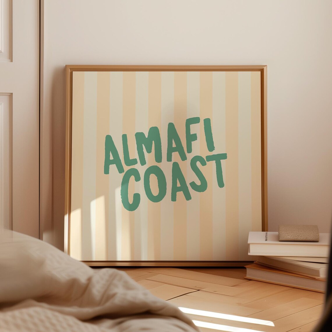 Almafi Coast Green Bold Letters Cream Striped Coastal Decor Wall Art