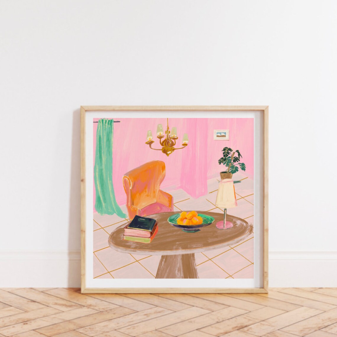 Pink Room Interior Chandelier Orange Chair Books Still Life Art Poster - Image 3