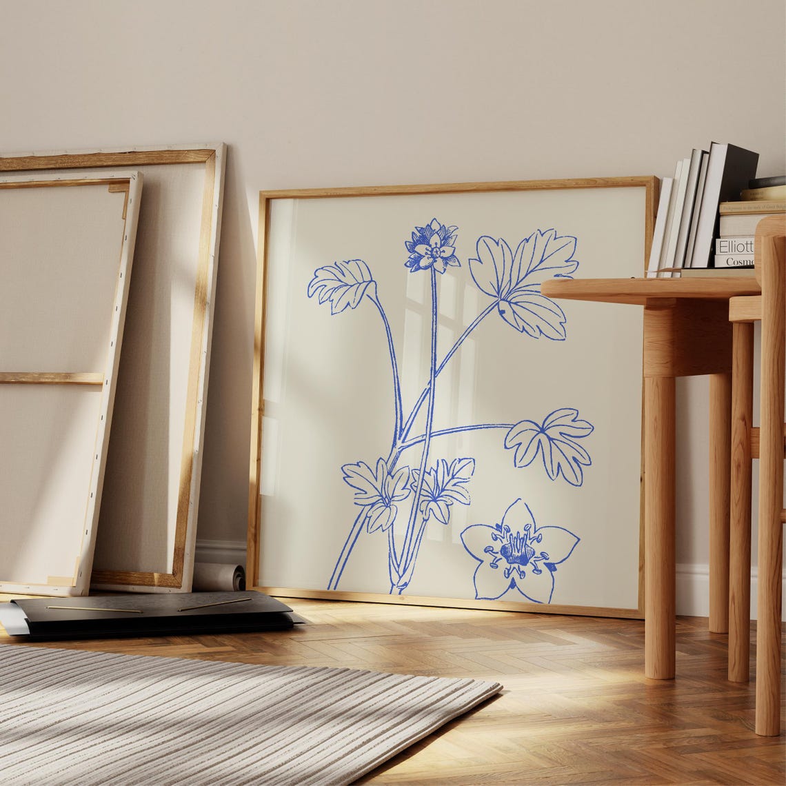 Blue Line Wildflower Botanical Sketch Cream Square Nursery Art Poster - Image 3