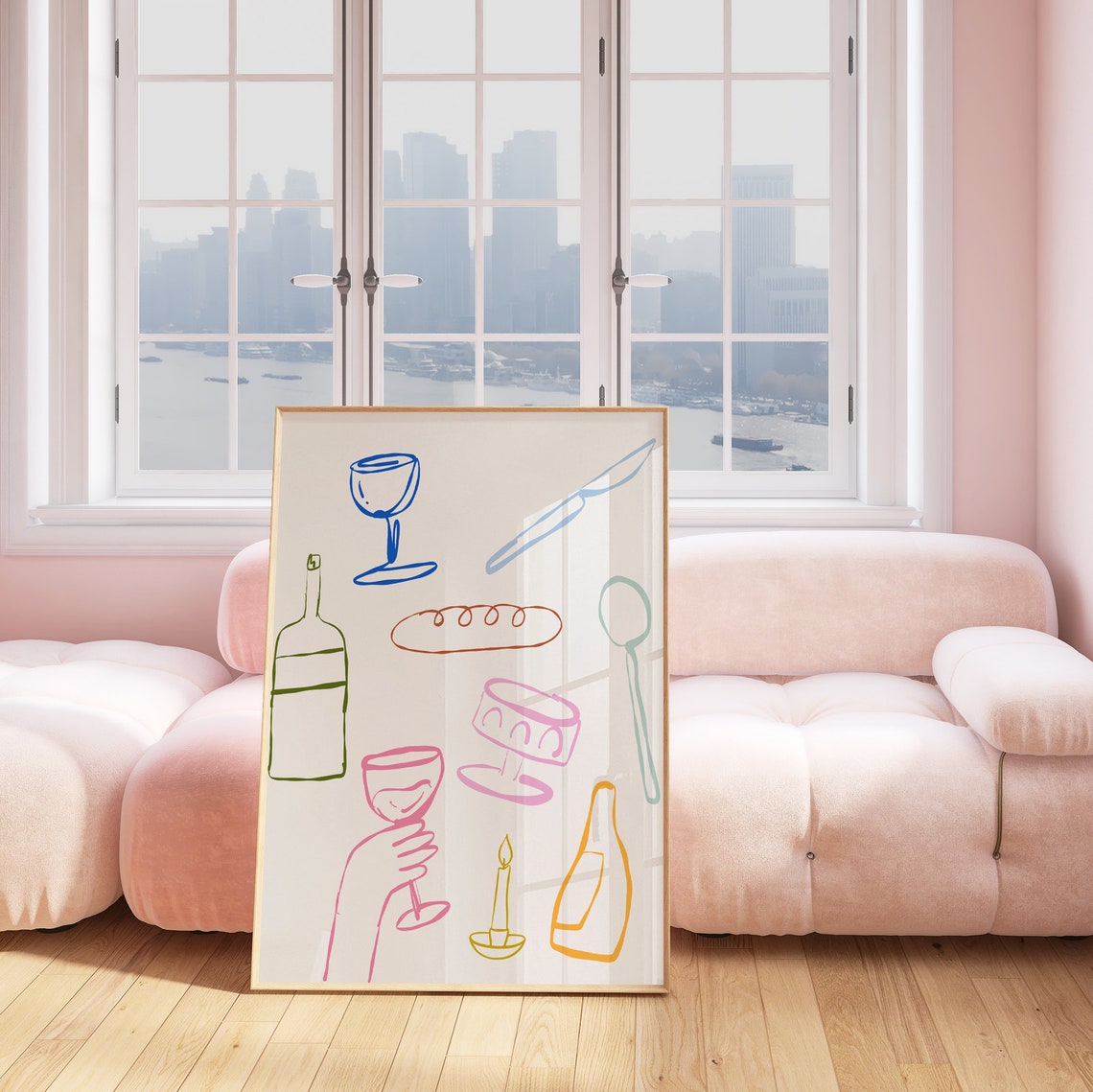 Colorful Thin Line Dinner Party Wine Tableware Illustration Art Print - Image 3