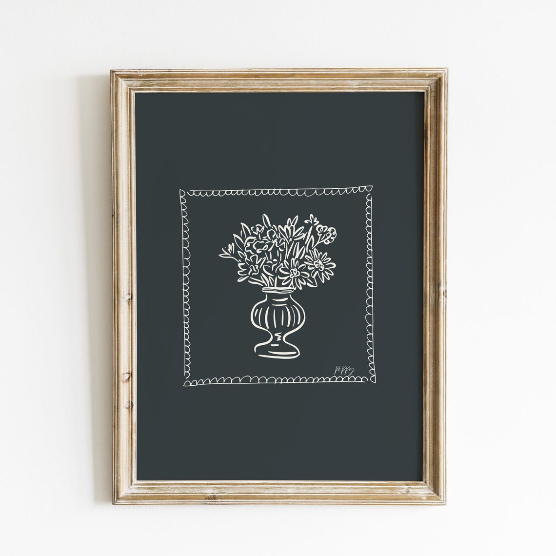Cream Floral Urn Scalloped Border Charcoal Black Moody Floral Poster - Image 3