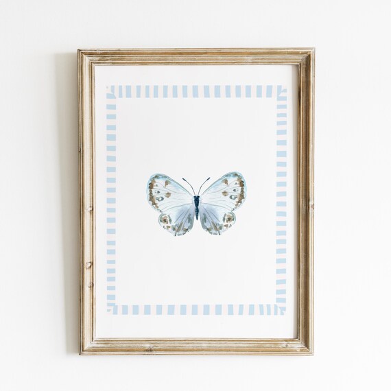Light Blue Watercolor Butterfly With Striped Border Botanical Poster