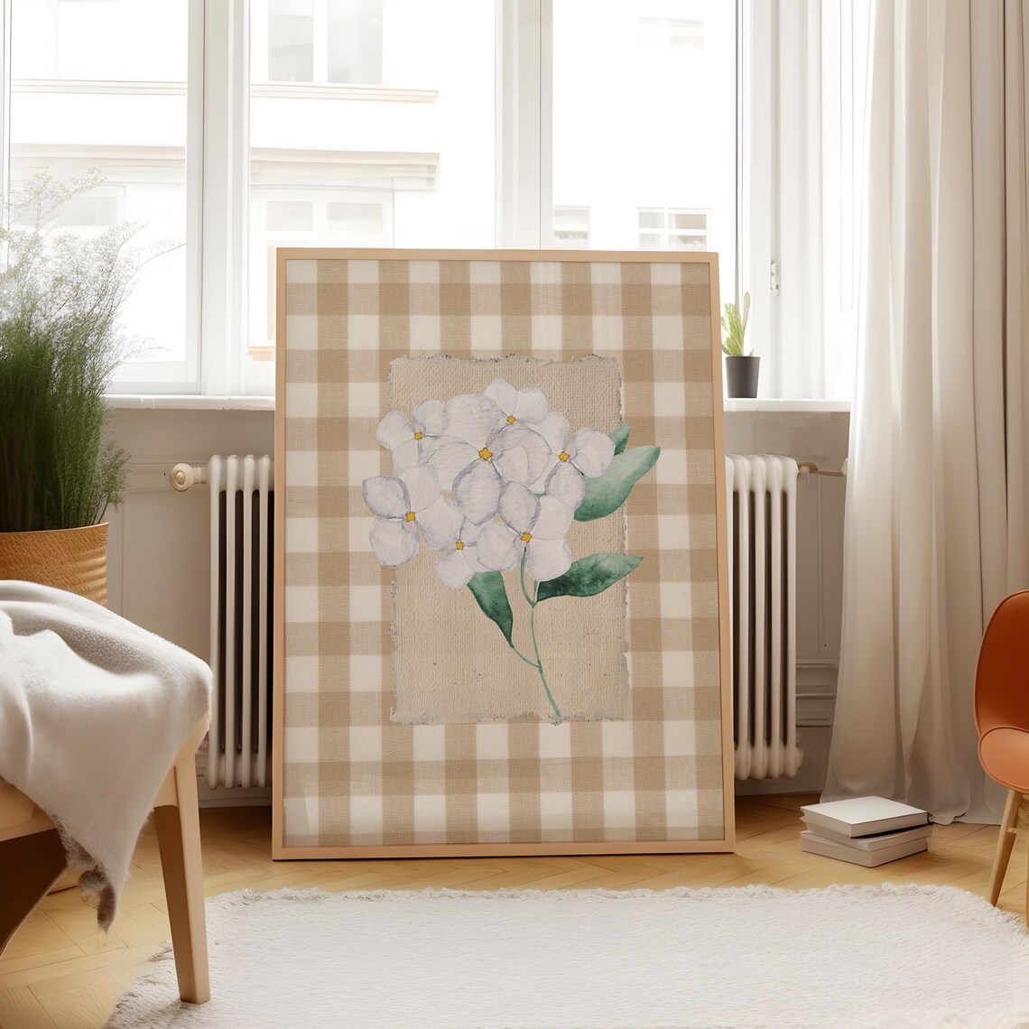 Mocha Gingham White Hydrangea Art Print, Vintage Floral - Image 2
