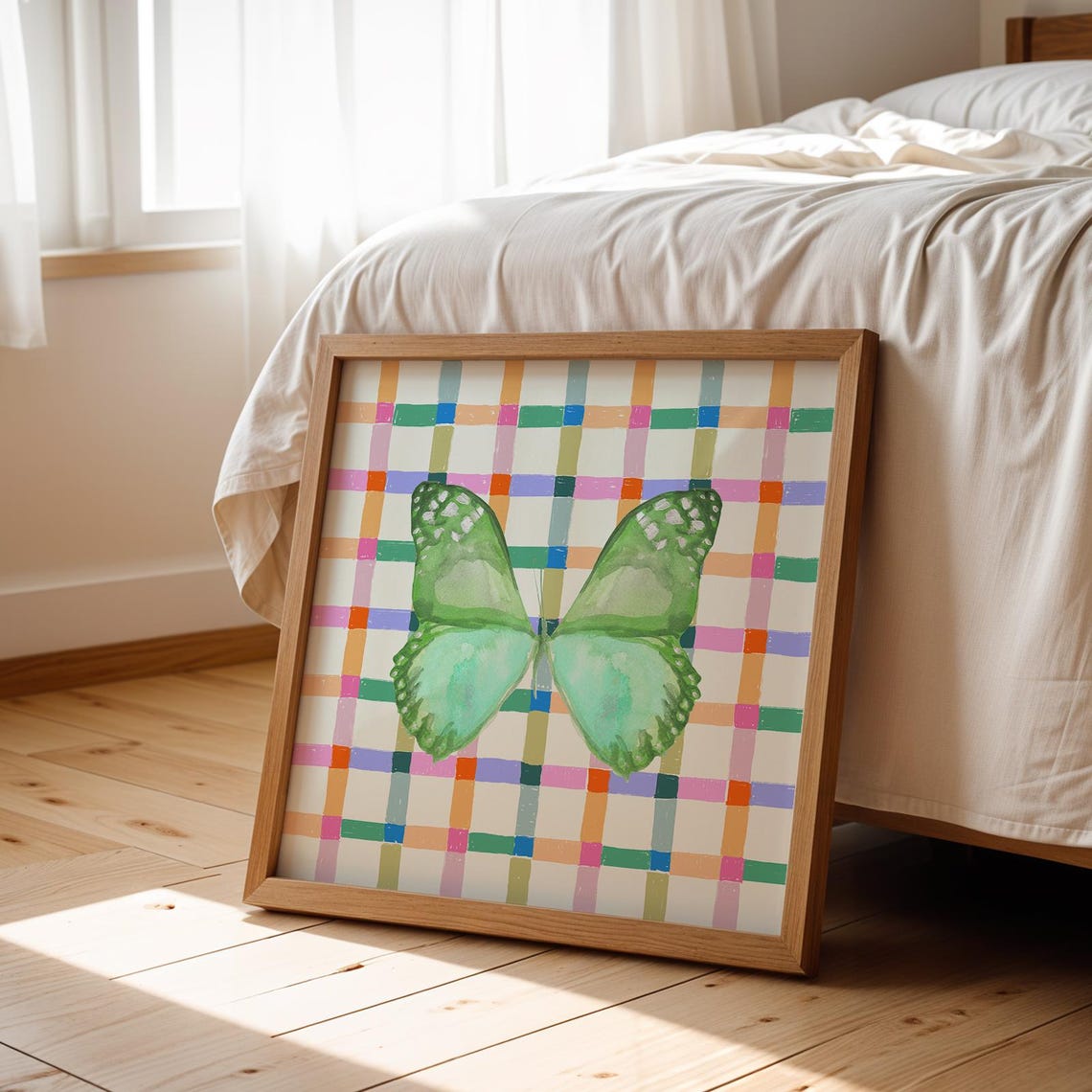 Emerald Green Butterfly Watercolor on Colorful Checkered Square Poster - Image 2