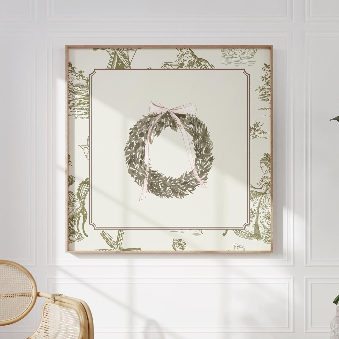 Green Toile Border Christmas Wreath Pink Bow Watercolor Holiday Poster - Image 5