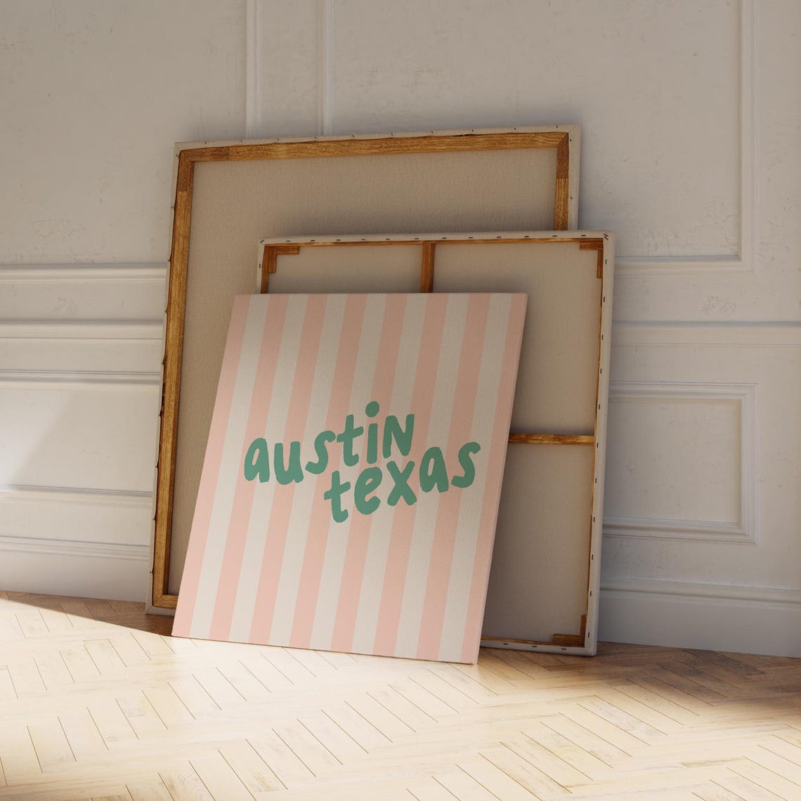 Austin Texas Teal Hand Lettered Pink Striped Square City Name Poster - Image 4