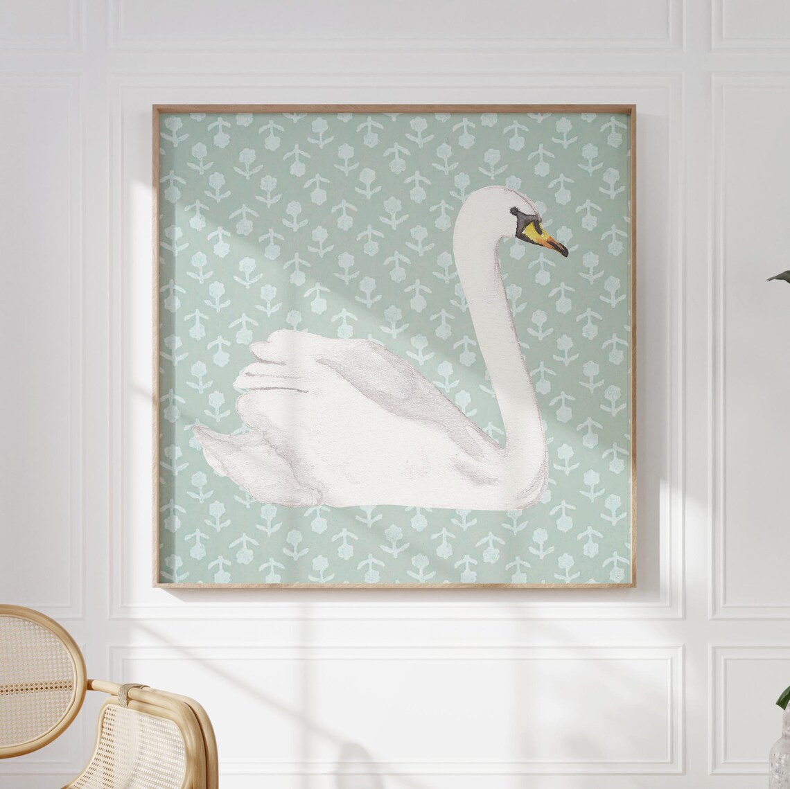 White Swan Sage Green Block Print Vintage Nursery Wall Art Poster - Image 2