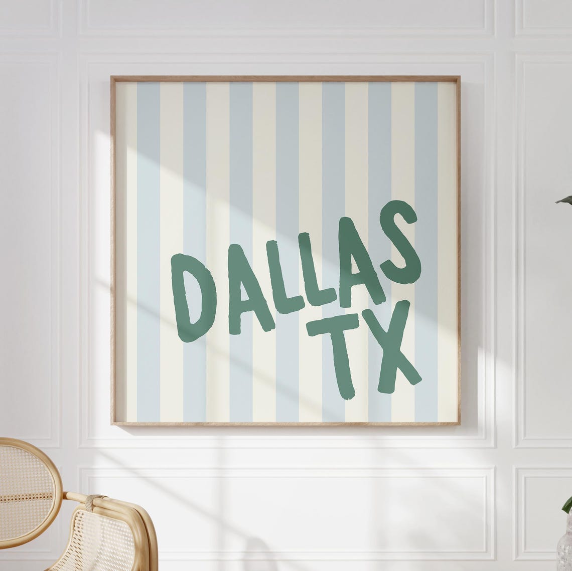 Dallas TX Dark Green Letters Blue Striped City Name Square Wall Art - Image 5