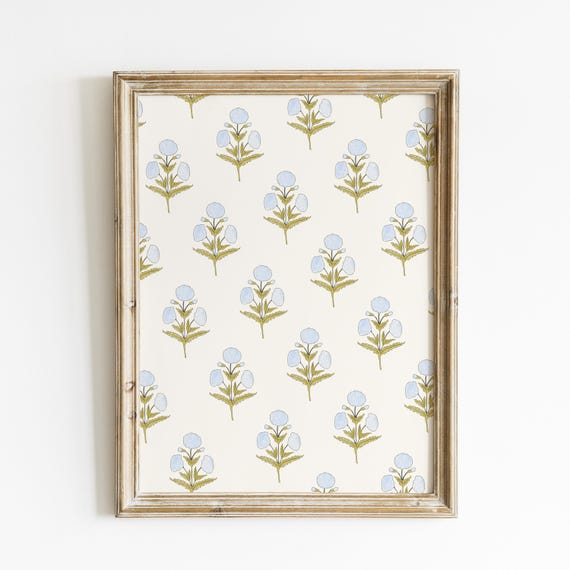 Blue Dahlia Pattern Vintage Floral Art Print