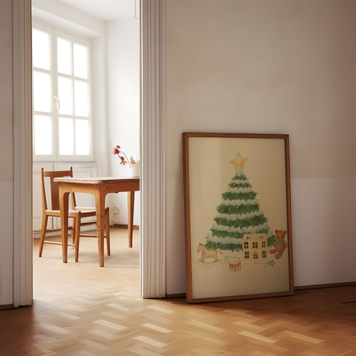Snowy Christmas Tree Poster with Vintage Toys and Teddy Bear - Image 2