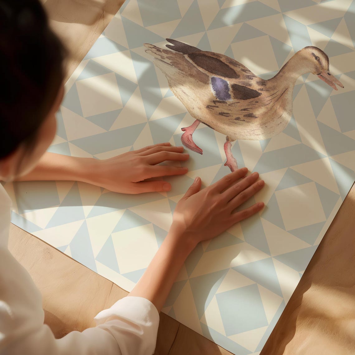 Female Mallard Duck Blue Quilted Pattern Watercolor Nursery Poster - Image 2