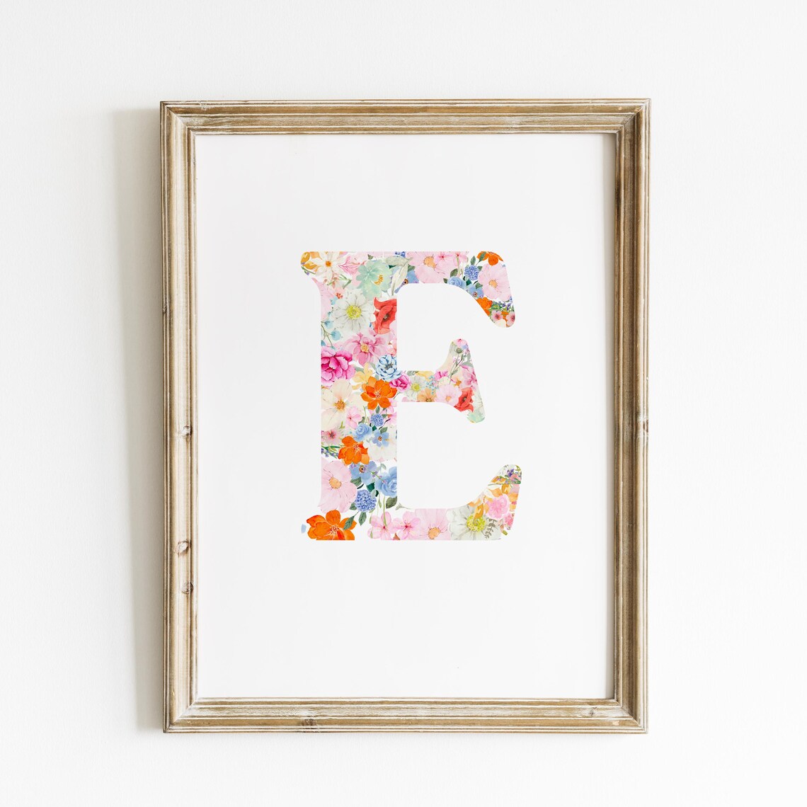 Floral Letter E Poster with Watercolor Wildflowers on Clean White