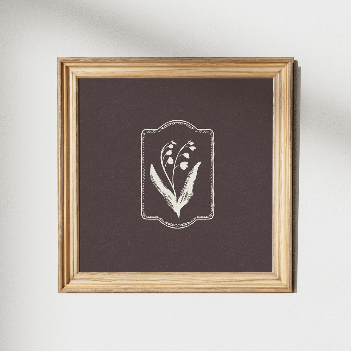 Minimal White Lily of the Valley Line Art Poster on Dark Brown