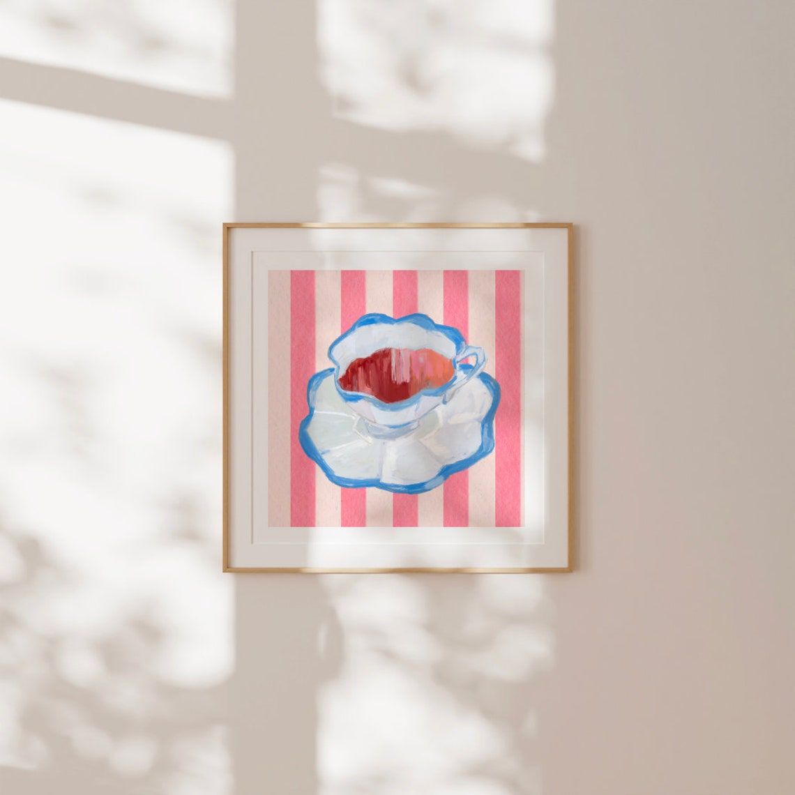Pink Striped Scalloped Teacup Blue Trim Vintage Kitchen Art Print - Image 2
