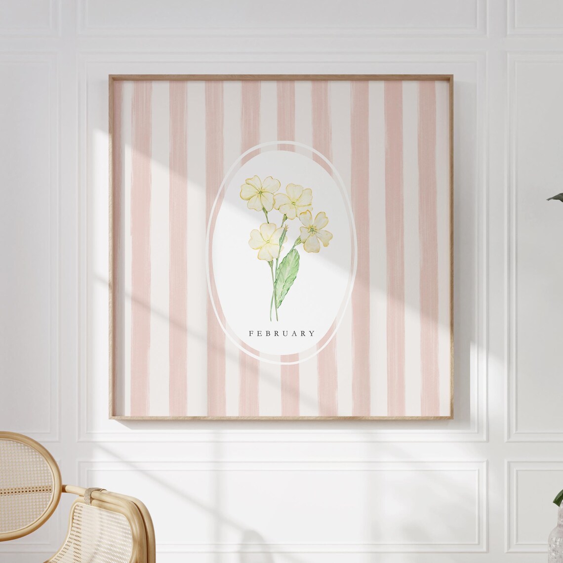 February Primrose Birth Month Flower Pink Stripe Watercolor Botanical Poster - Image 3