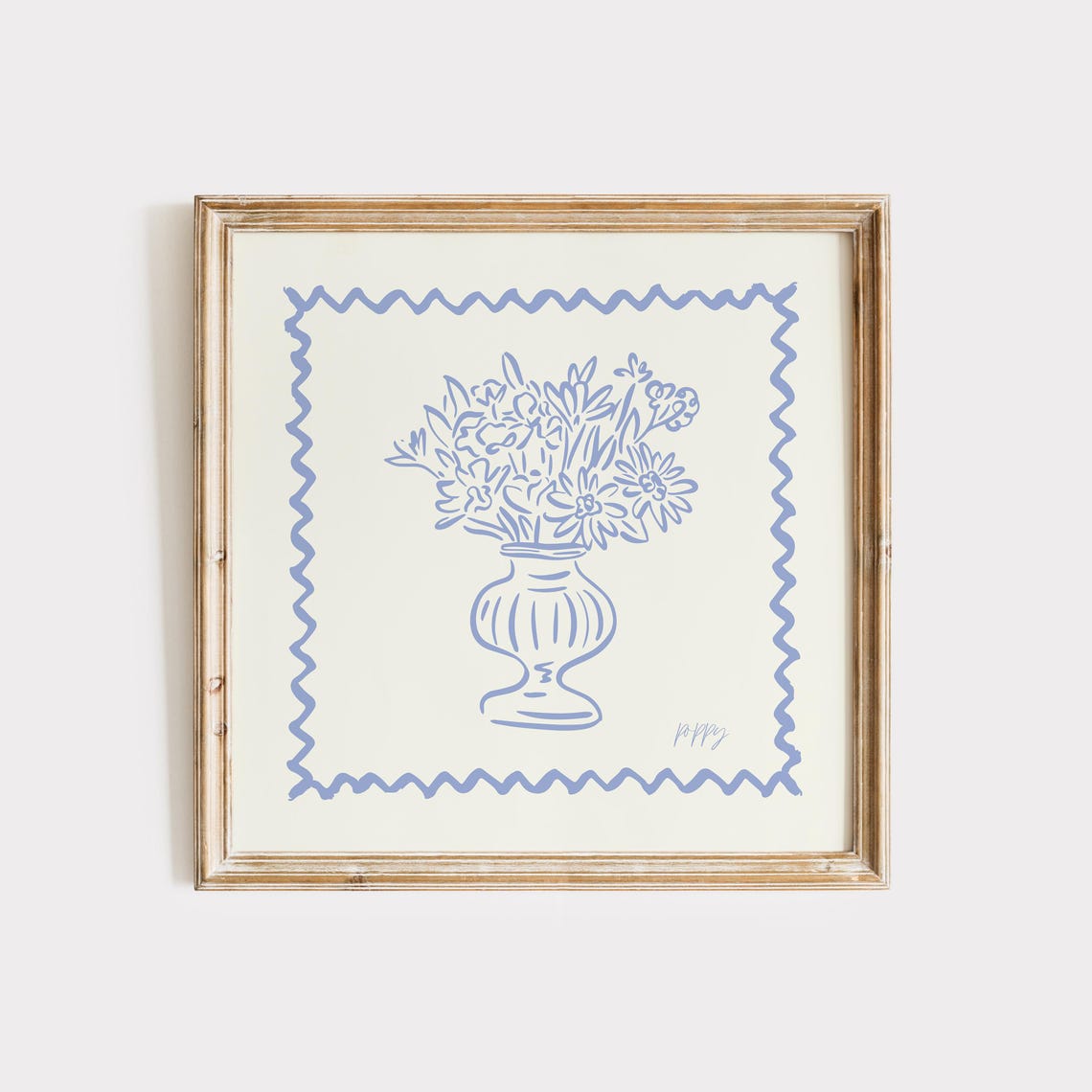 Periwinkle Blue Line Wildflowers Vase Zigzag Border Sketch Art Poster