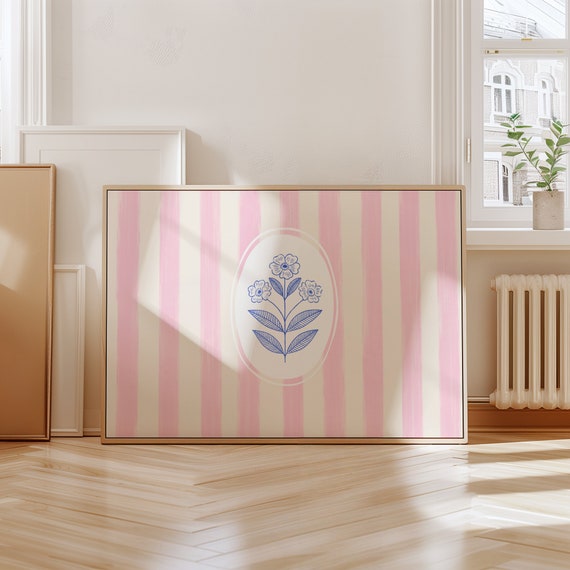Pink Striped Floral Art Print, Cottagecore Nursery Decor