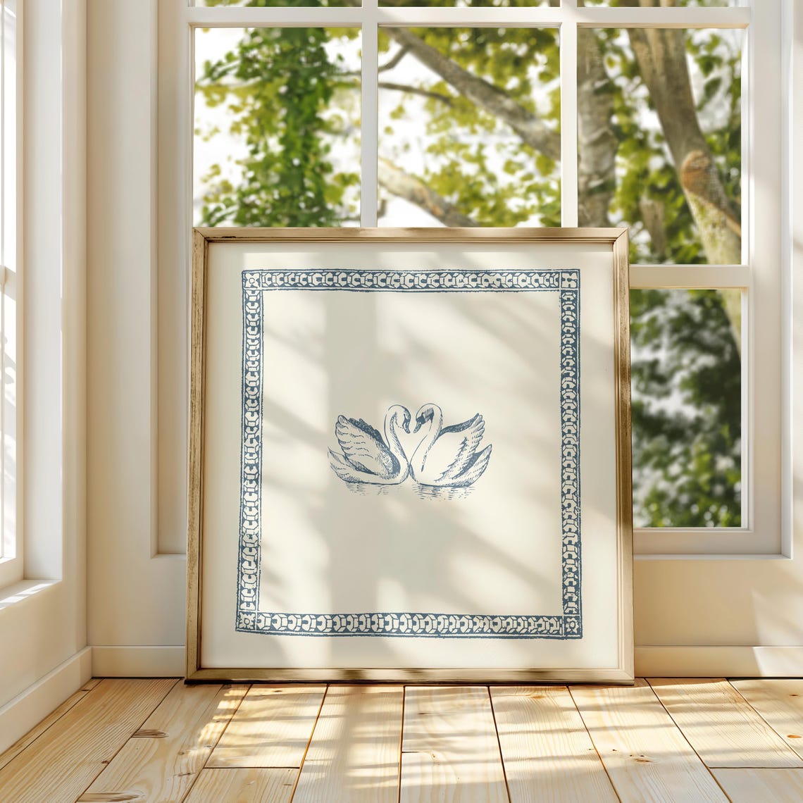 Cream Vintage Swans Engraving Poster Navy Border Coastal Decor - Image 3