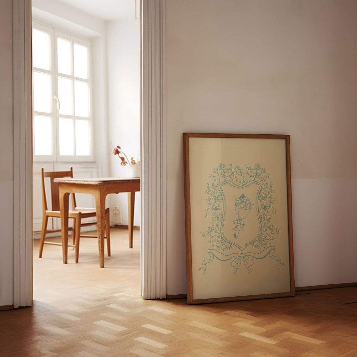 Blue Line Drawing Floral Crest with Flower Bouquet Nursery Poster - Image 2