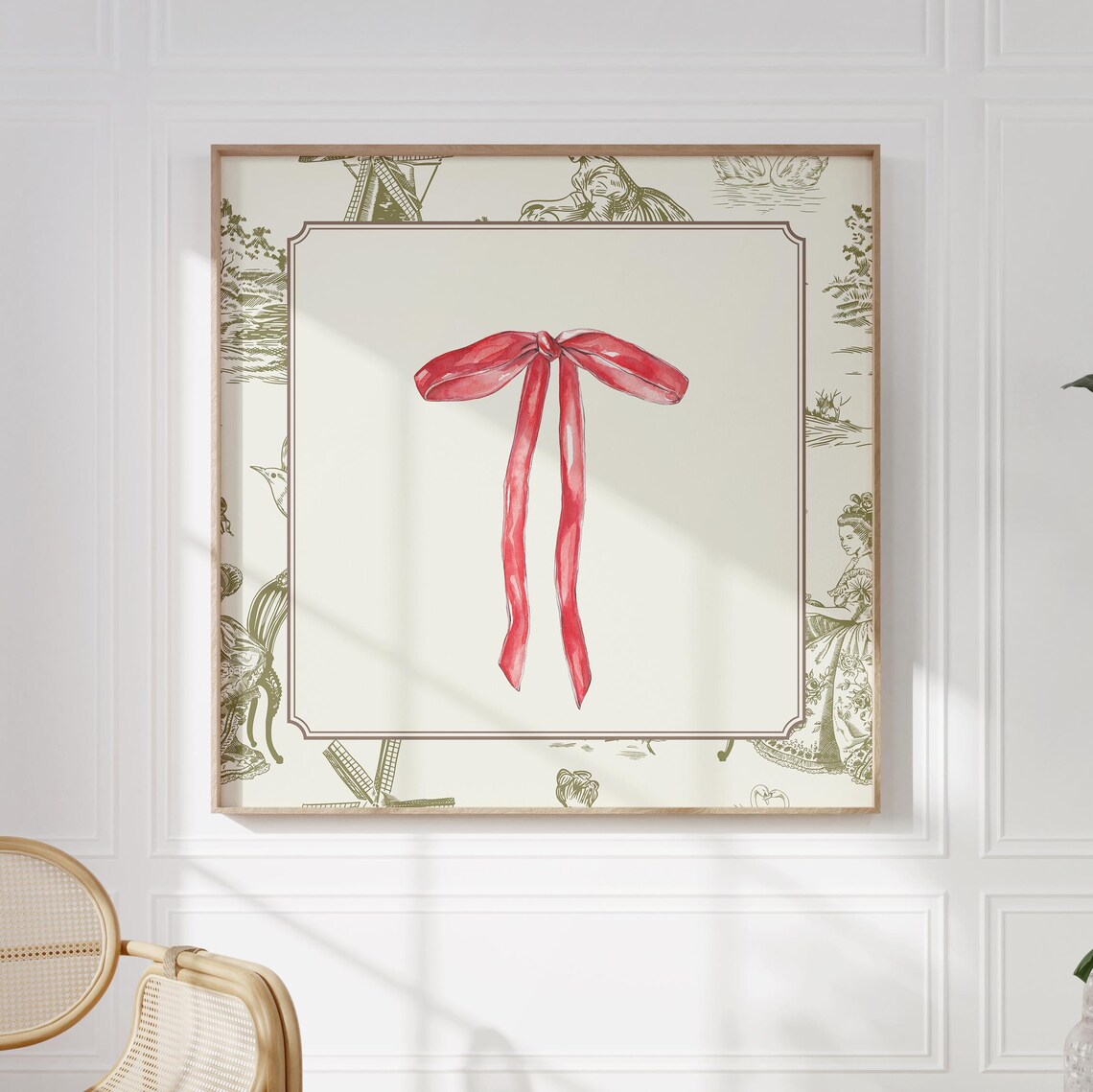 Green Toile Border Red Ribbon Bow Watercolor Minimalist Holiday Poster - Image 5