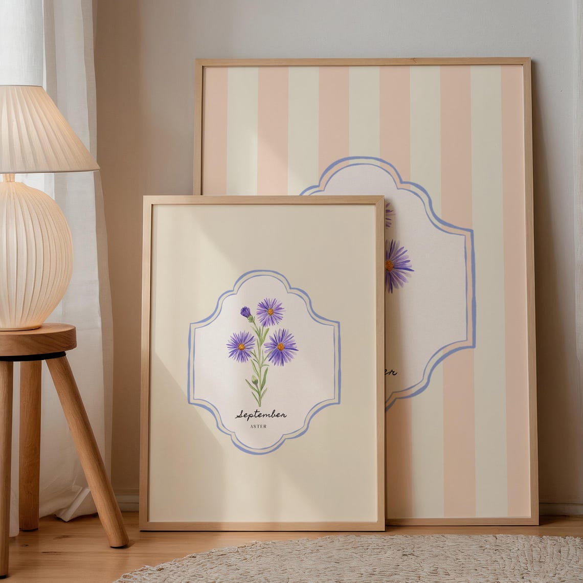 September Aster Birth Flower Botanical Cream Vintage Art Print - Image 2