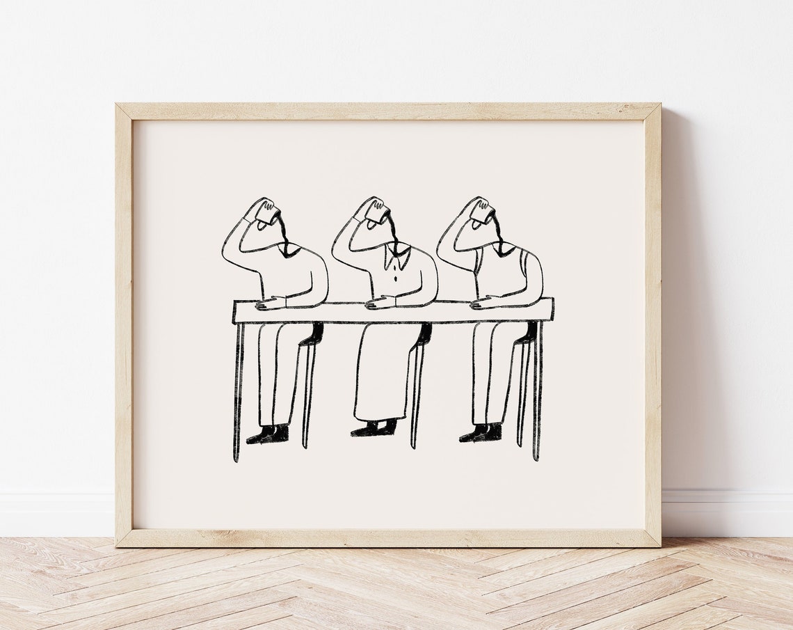 Three Minimalist Figures Drinking Coffee Black Line Drawing Print