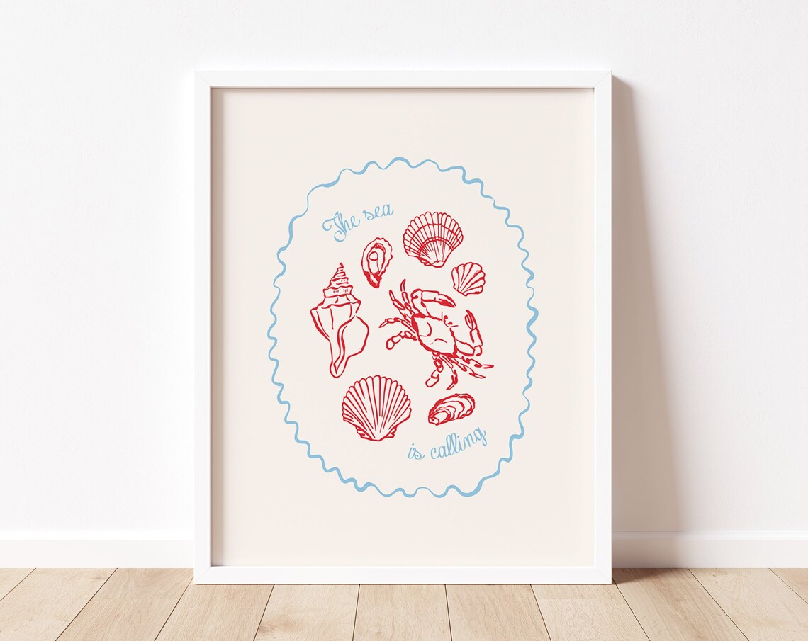 The Sea Is Calling Red Shells Crab Bright Coastal Line Art Poster