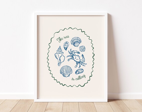 The Sea Is Calling Navy Shells Crab Green Coastal Art Poster