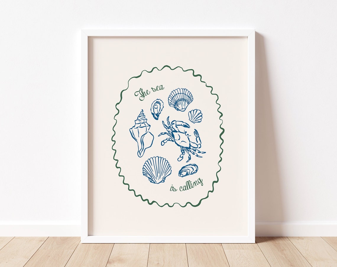 The Sea Is Calling Navy Shells Crab Green Coastal Art Poster
