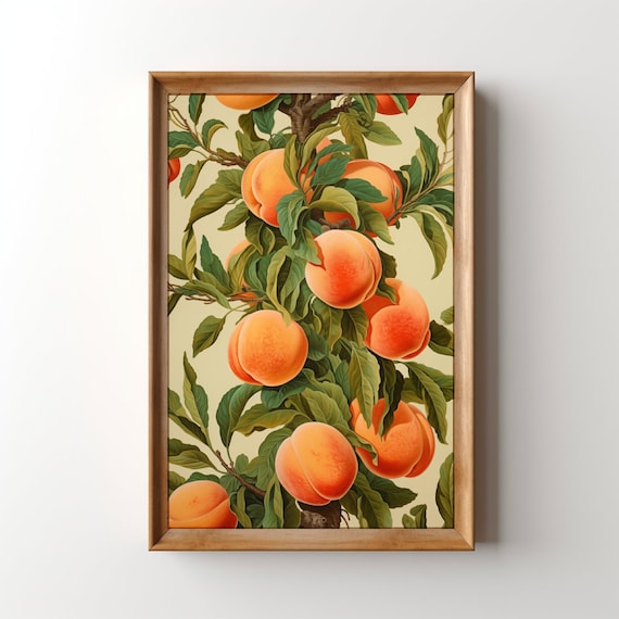 Vintage Peaches Lithograph Peach Painting Fuzzy Peach Artwork Fruit Artwork Wild Peaches Print Kitchen Wall Art Cottagecore