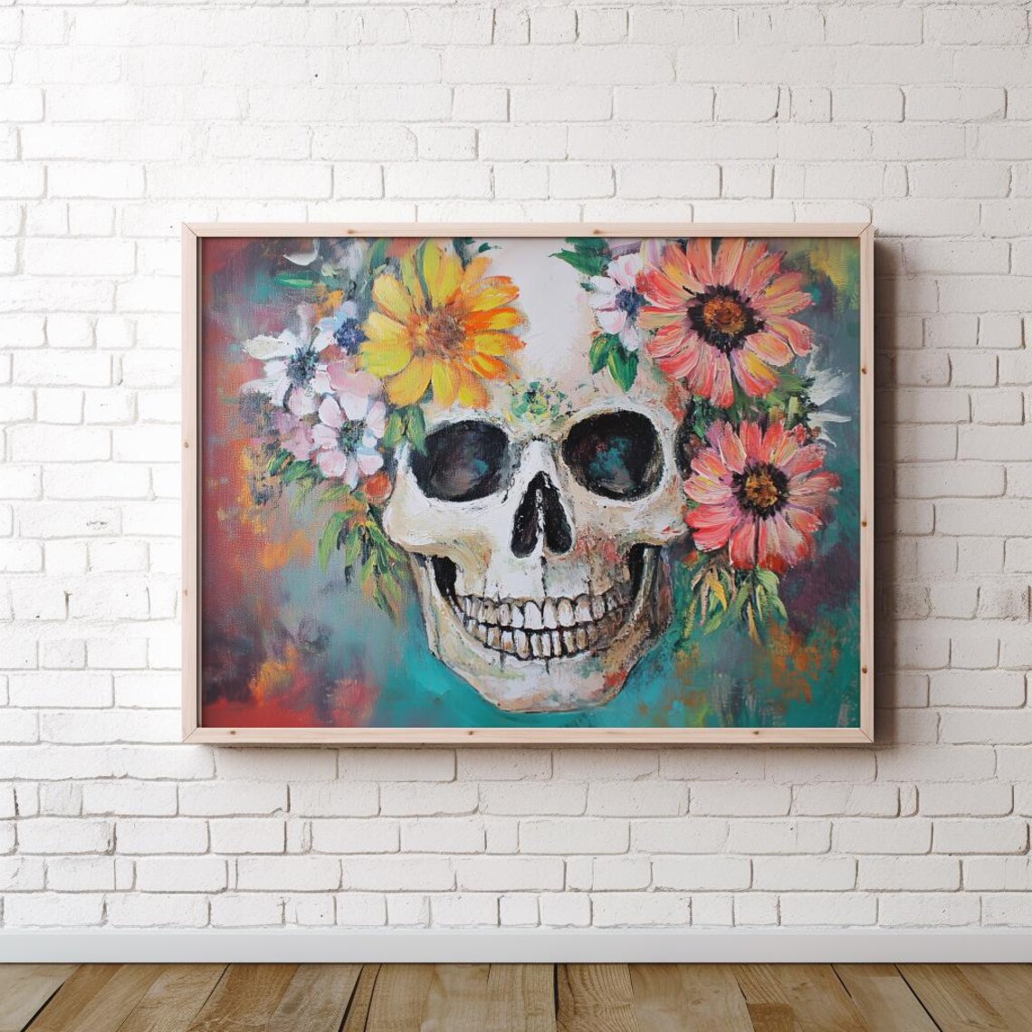 Colorful Floral Skull Still Life Gothic Halloween Wall Poster - Image 4