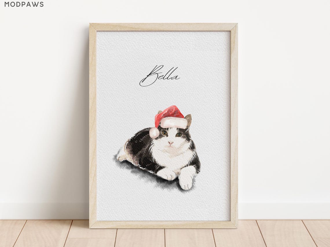 Custom Watercolor Cat Portrait With Santa Hat Christmas Art Print