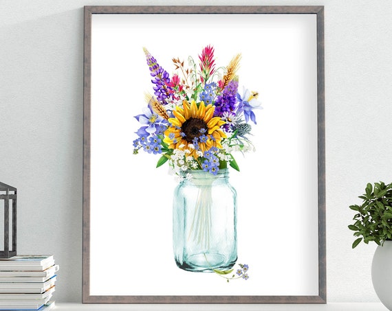 Wildflower Bouquet Mason Jar Farmhouse Art Print