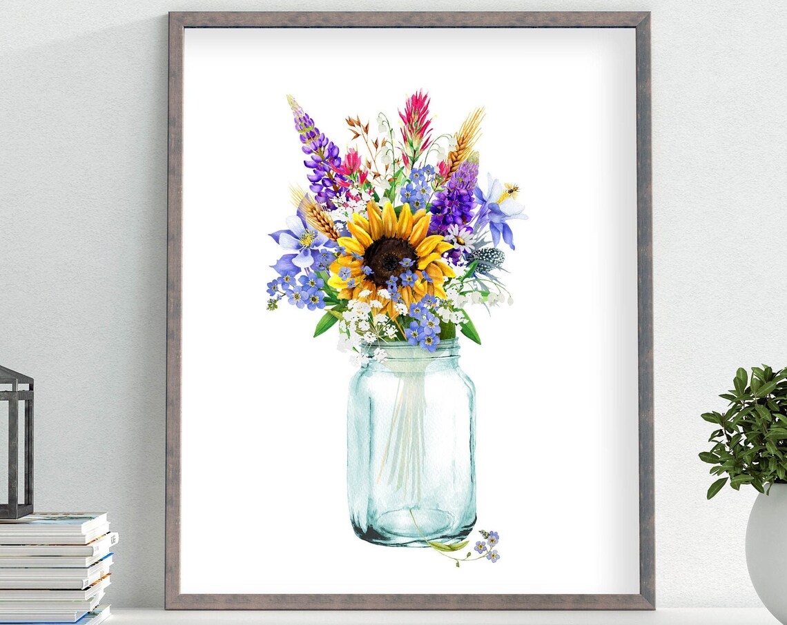 Wildflower Bouquet Mason Jar Farmhouse Art Print