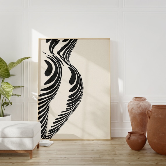 Abstract Female Body Line Art Bold Beige Black Modern Mid Century Print
