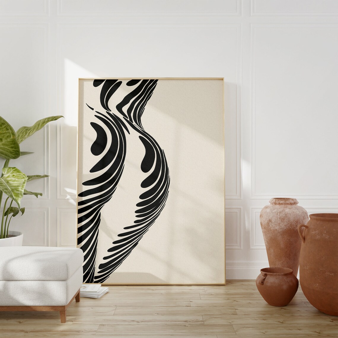 Abstract Female Body Line Art Bold Beige Black Modern Mid Century Print