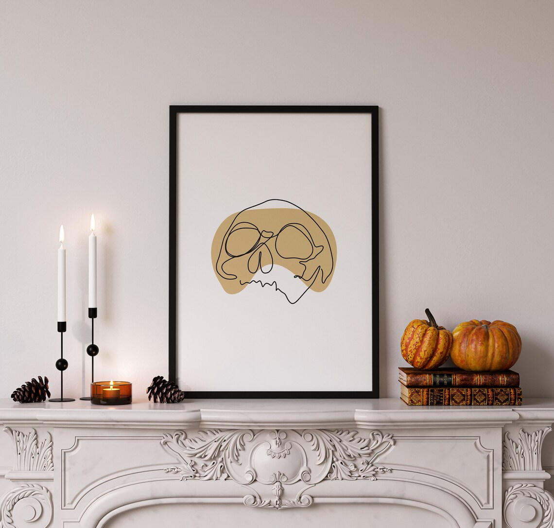 Minimalist Skull One Line Drawing Tan Abstract Modern Halloween Decor Print