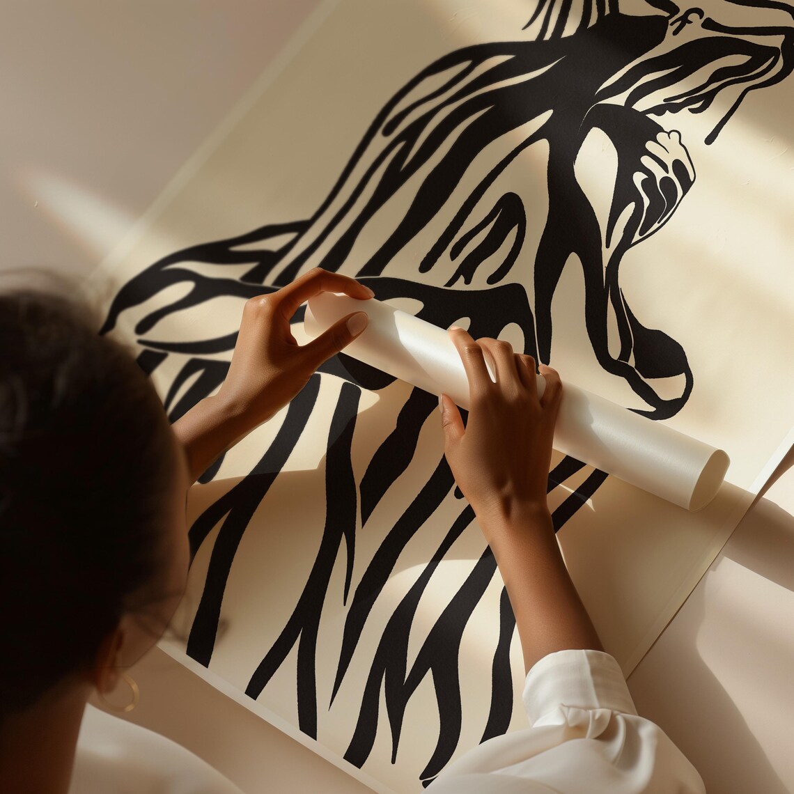 Flowing Hair Woman Silhouette Black Line Art Beige Modern Wall Art - Image 3