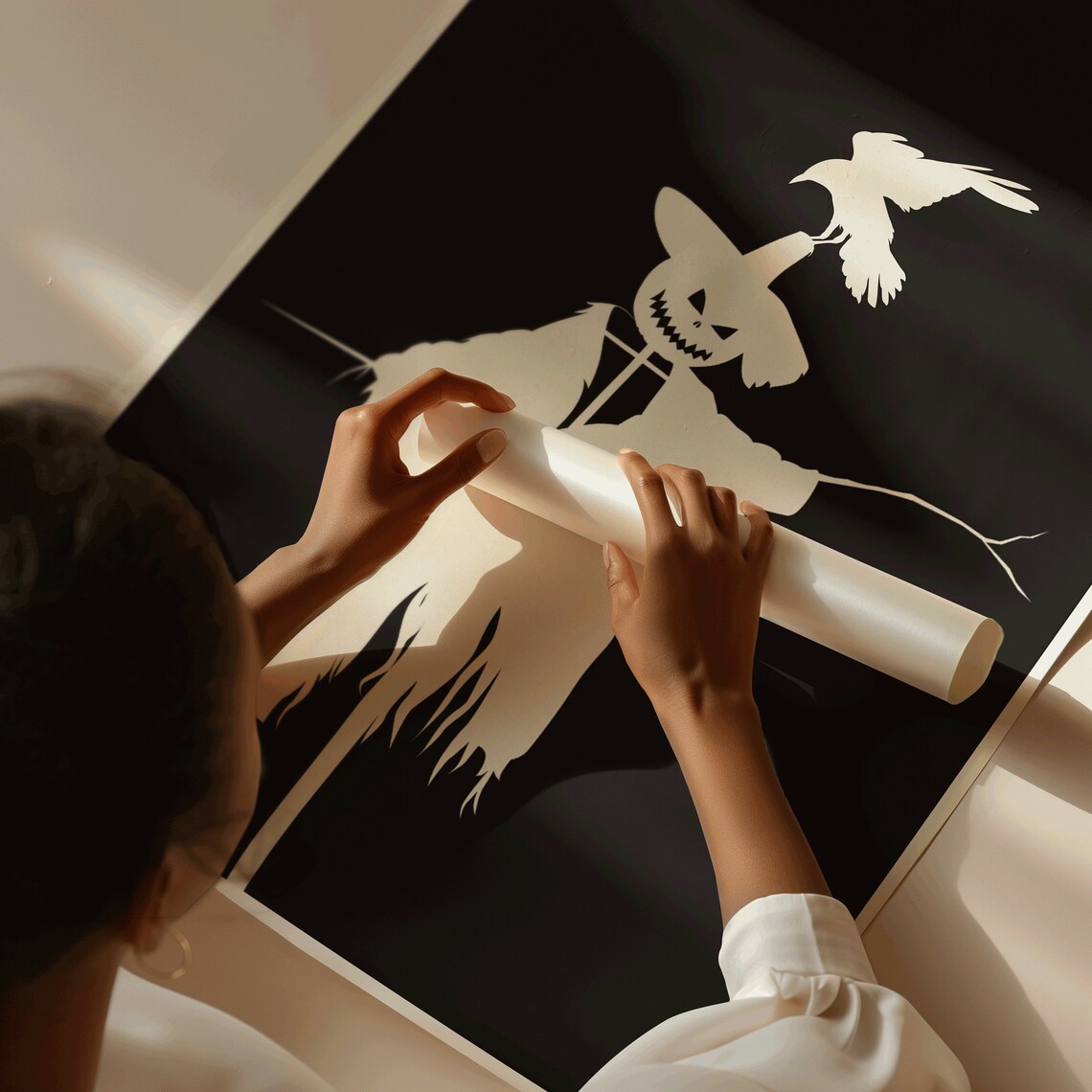 Scarecrow White Silhouette Black Background Pumpkin Crow Spooky Halloween Print - Image 4