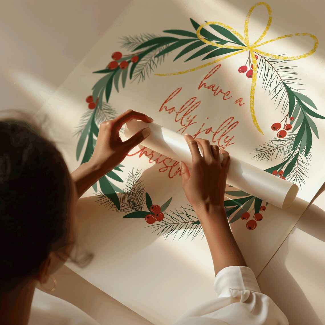 Holly Jolly Christmas Wreath Gold Bow Berries Festive Holiday Wall Art - Image 4