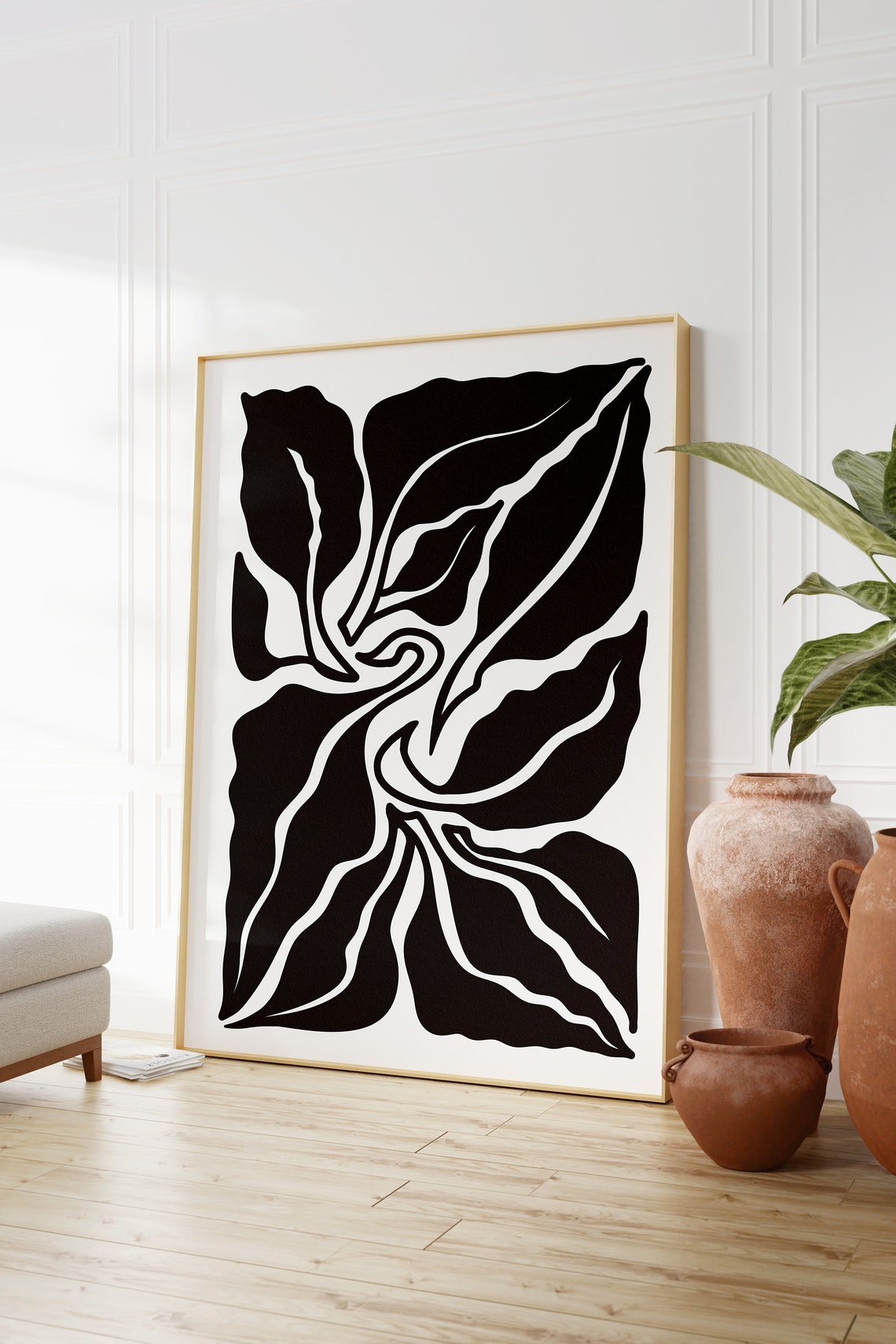 Black White Bold Leaves Abstract Botanical Minimalist Poster - Image 2