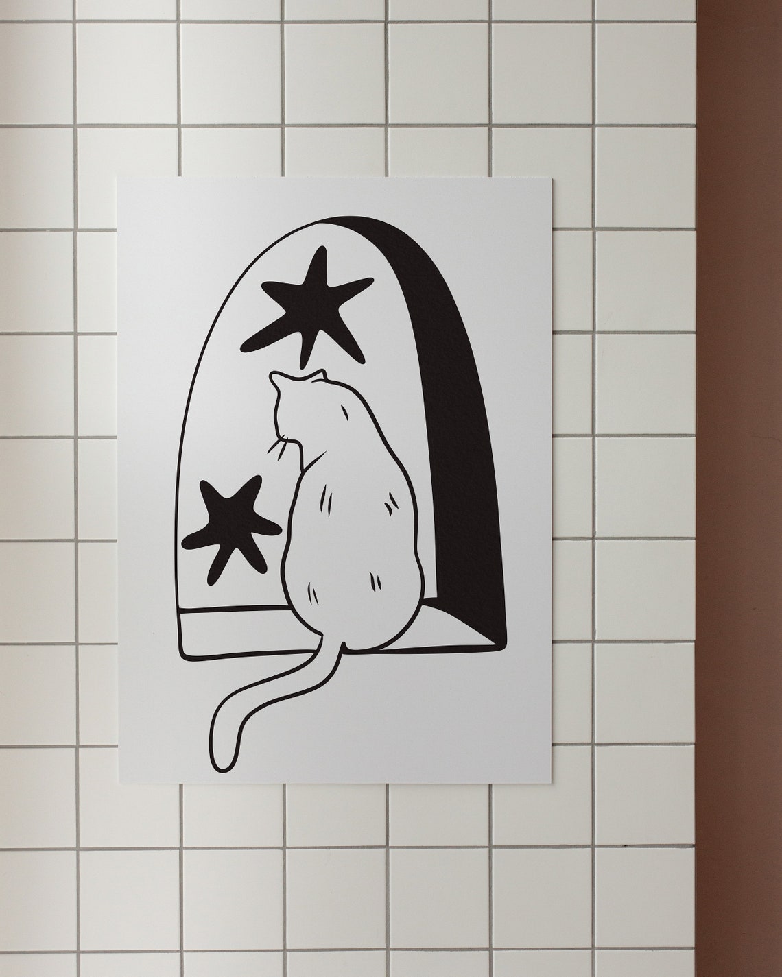 Black Cat Window Arch Stars Minimalist Cute Cat Lover Wall Art - Image 3