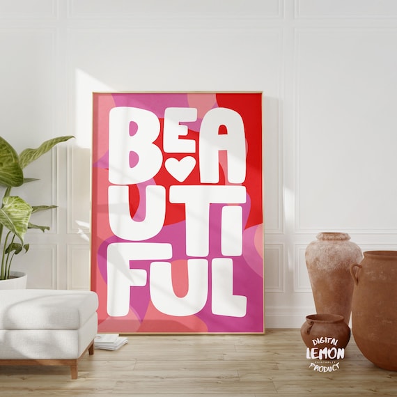 Beautiful Bold Typography Pink Red Heart Positive Affirmation Wall Art