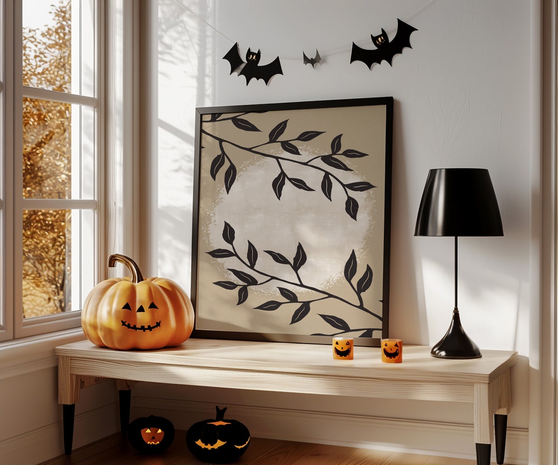 Full Moon Botanical Branch Silhouette Minimalist Beige Wall Art - Image 4