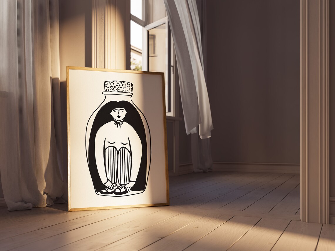 Woman Curled In Glass Bottle Quirky Black White Line Art Poster - Image 4