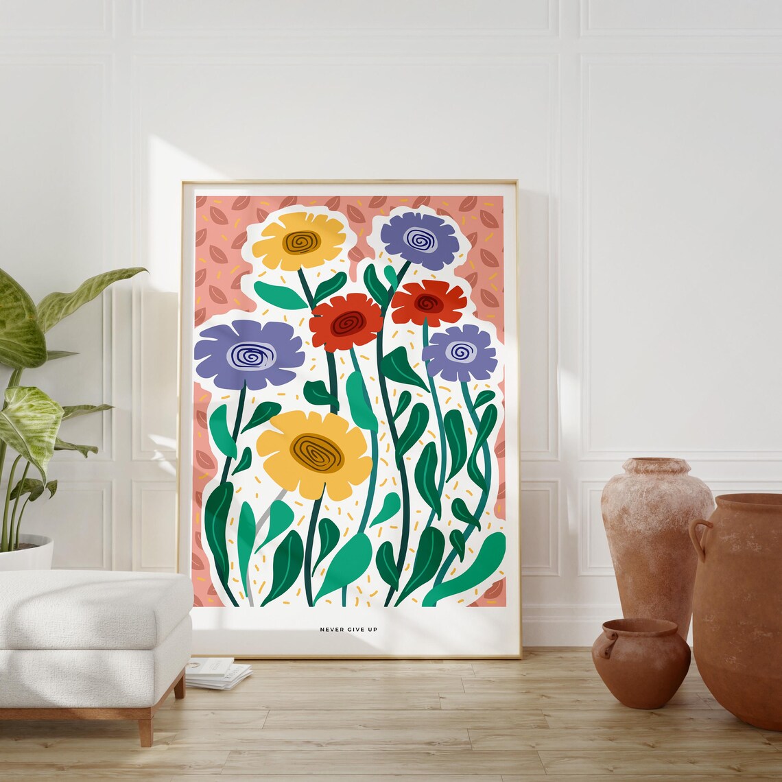 Never Give Up Folk Art Flowers Colorful Retro Botanical Bloom Poster