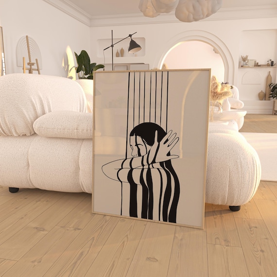 Abstract Woman Silhouette Black White Striped Line Art Modern Decor Poster