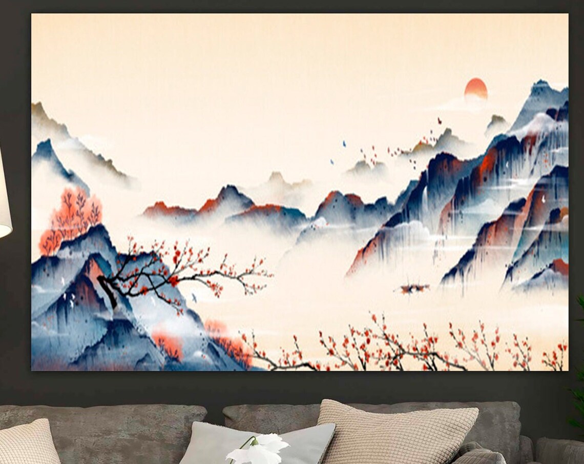 Japanese Mountain Watercolor Plum Blossom Red Sun Asian Art Print